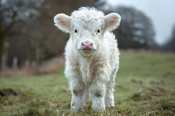 Naklejka premium a baby cow standing in a field of grass