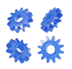 Four blue gears displayed in various angles on a white background. 3D Rendering. Concept of mechanics, engineering, and machinery