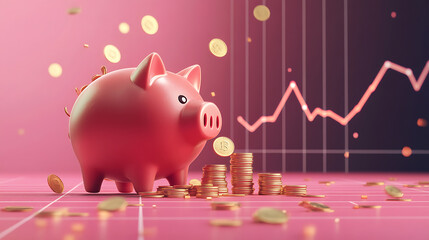 Piggy bank with coins and financial charts in background
