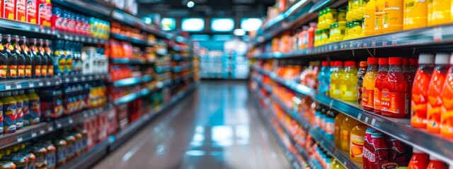 Naklejka premium Colorful assortment of beverages in a supermarket aisle