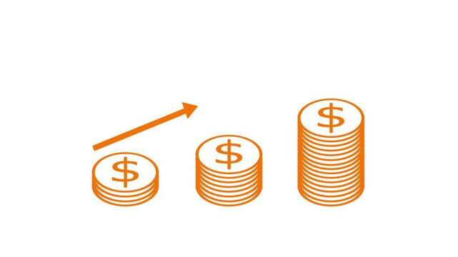 Animated of investment arrow growth with dollar coins sign. Coral color Dollar coins, arrow trending up arrow. Video animation stacked coins and arrow trending up, growing statistical graphic concept.