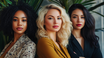 Obraz premium Diverse women in business attire posing together in the workplace