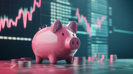 Piggy bank with coins and financial charts in background

