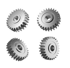Four metallic gears shown from different angles, highlighting their intricate design on a white background. Concept of machinery and engineering. 3D Rendering
