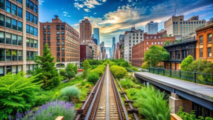 Fototapeta premium Elevated public park built on old rail tracks in Chelsea, featuring lush greenery, modern architecture, and stunning cityscape views of Manhattan's west side.