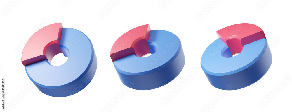 Poster three blue and pink 3d donut charts with different segments removed, displayed on a white background