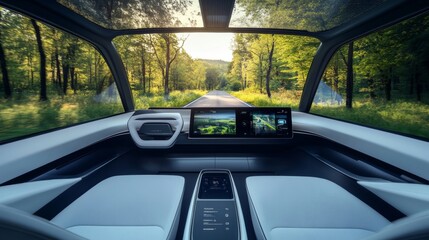 Experience the future of travel with showcasing an autonomous vehicle's sleek interior gliding through a tree-lined road, with no driver at the wheel