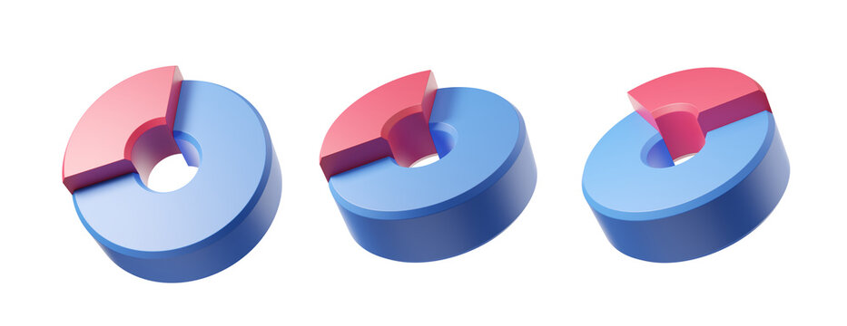 Three blue and pink 3D donut charts with different segments removed, displayed on a white background. Concept of data visualization and statistical analysis. 3D Rendering