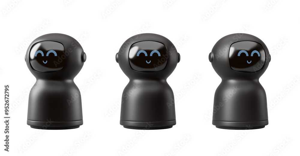 Poster three robotic figures with smiling faces are displayed on a white background. robots have round head