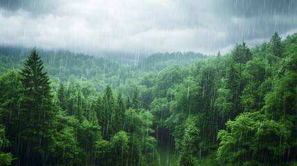 Gentle rain falling on a lush green forest peaceful weather