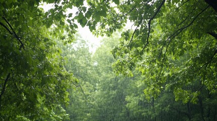 Fototapeta premium Gentle rain falling on a lush green forest peaceful weather