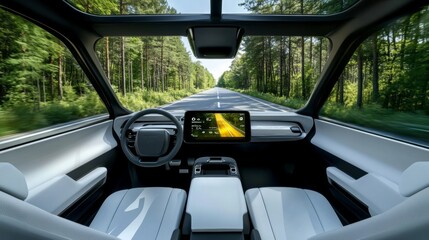 Experience the future of travel with showcasing an autonomous vehicle's sleek interior gliding through a tree-lined road, with no driver at the wheel