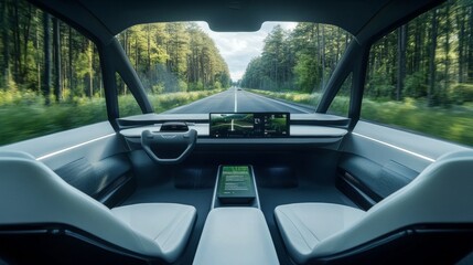 Experience the future of travel with showcasing an autonomous vehicle's sleek interior gliding through a tree-lined road, with no driver at the wheel