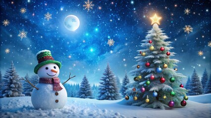 Festive winter scene with a cheerful snowman standing in front of a decorated pine tree, surrounded by snowflakes and a starry night sky background.