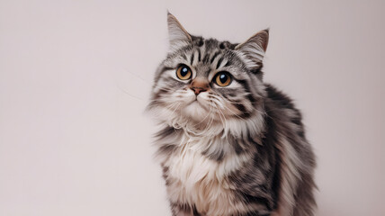 Front view of a Norwegian Forest cat sitting, looking at the camera, isolated on light brown