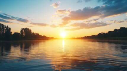 Fototapeta premium Hazy sunset over a calm river humid weather
