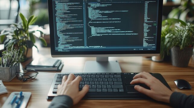 Hands-on keyboard with website coding in progress focused developer working late