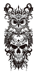 Tribal Skull and Owl tattoo flash styles illustration