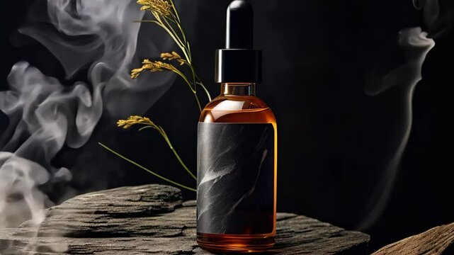 bottle of hair oil with black label stands on the table