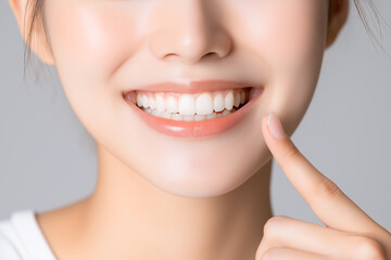 Obraz premium Close-up of a woman’s mouth showing a bright, white smile, with her finger gently pointing at her teeth isolated on white