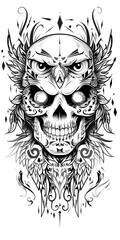 Tribal Skull and Owl tattoo flash styles illustration