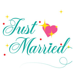 Obraz premium JUST MARRIED hand lettering, vector illustration. Hand drawn lettering card background. Modern handmade calligraphy. Hand drawn lettering element for your design.