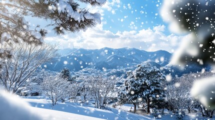 Heavy snowfall blanketing a mountain landscape winter weather