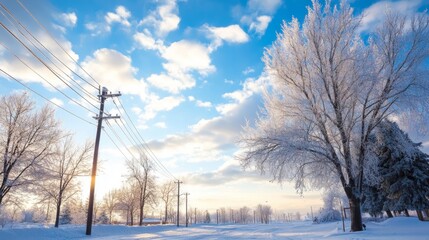 Ice storm covering trees and power lines with a layer of ice freezing weather