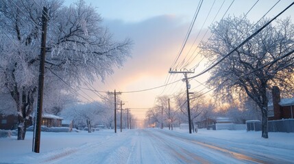 Ice storm covering trees and power lines with a layer of ice freezing weather