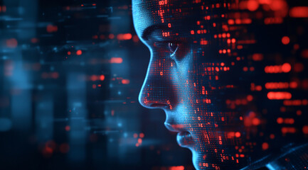 A close-up of the face of an AI-generated human looking at data streams, with binary code and digital elements in dark blue and red tones