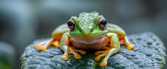 A vibrant green frog with orange feet sits on a large green leaf, looking directly at the camera.