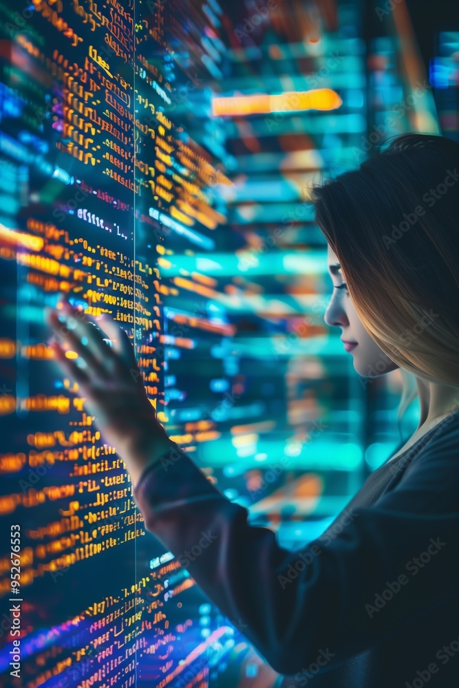 Poster female programmer standing in front of floating, glowing computer code, creating a futuristic and te