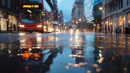 Light rain falling on a city street at night wet weather