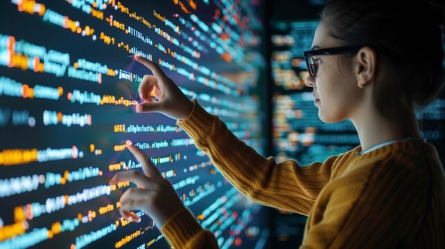 Female programmer standing in front of floating, glowing computer code, creating a futuristic and tech-driven atmosphere. Woman in tech.