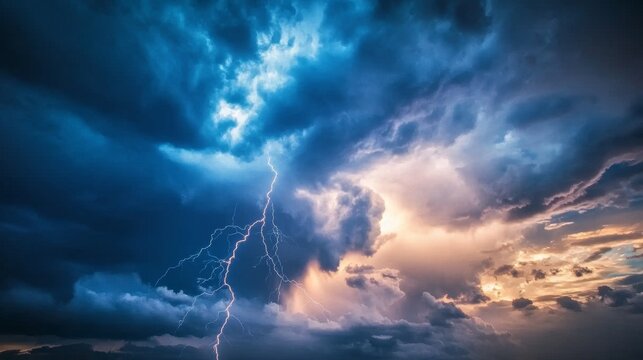 Lightning bolts illuminating a dark sky during a heavy storm extreme weather