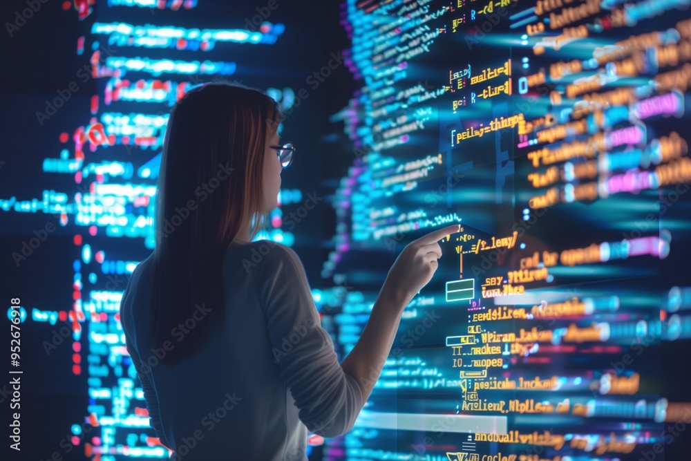 Poster female programmer standing in front of floating, glowing computer code, creating a futuristic and te