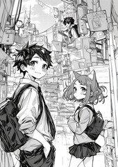 Black and white manga page with fantasy story of a boy and a girl with cat eyes