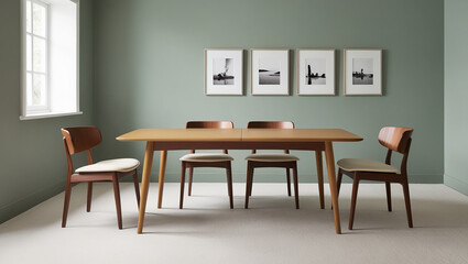 Fototapeta premium Green wall with wooden dining table and seats. Scandinavian modern dining room
