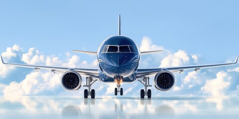 Naklejka premium A front view of a modern airplane against a bright blue sky with fluffy clouds, ideal for travel and aviation themes.