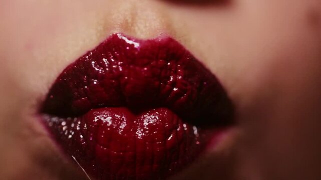 Macro lips. Professional makeup. Closeup of woman mouth with lipstick on lips. Beauty and makeup. Close up cosmetics for lips. Make up, applying lipstick, lips gloss on mouth. Beauty lip.