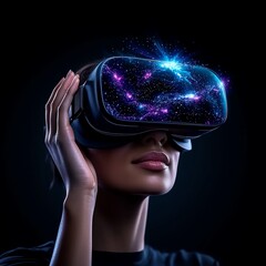 A woman wearing a virtual reality headset, exploring a cosmic universe with vibrant stars and galaxies, representing futuristic technology.