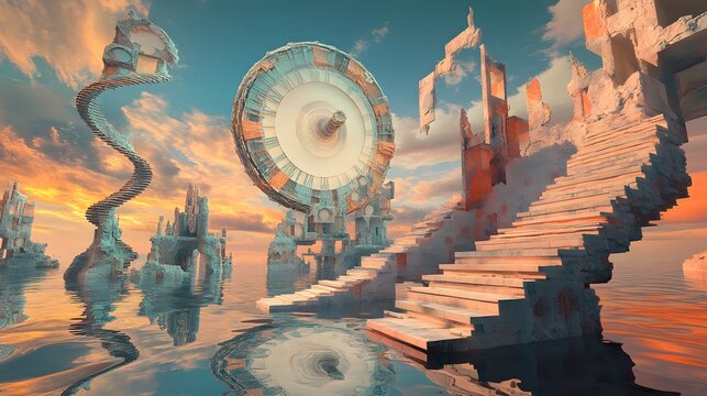 Floating staircases in a surreal dreamscape with melting clocks and impossible architecture Abstract with surreal colors and melting forms 3D-rendered structures