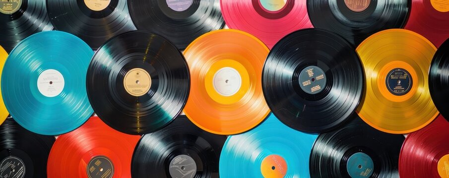 Colorful array of vintage vinyl records creating a nostalgic and retro music vibe. Perfect image for music enthusiasts and collectors.