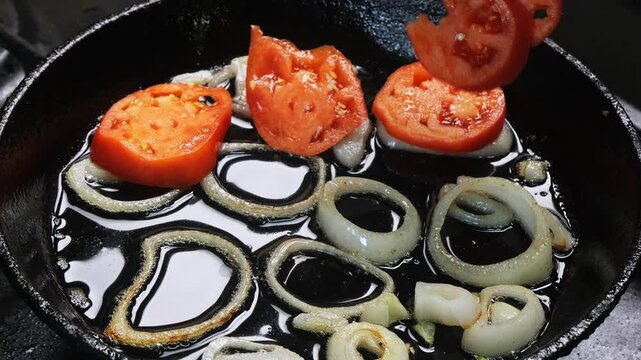 A woman's hand places trmaty circles into a frying pan with fried onions