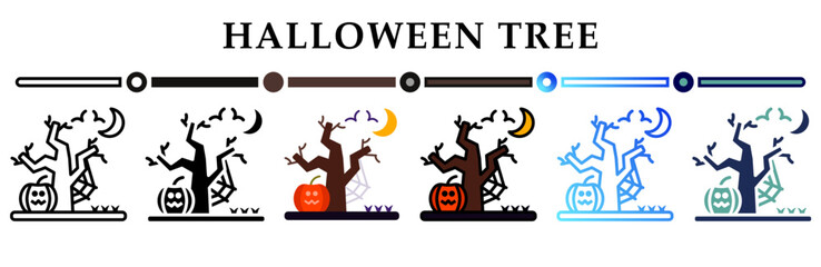 Collection of halloween tree icons in variety of styles. Representing halloween festive or spooky themes. Halloween night with bats fly on sky moon. Happy Halloween. 