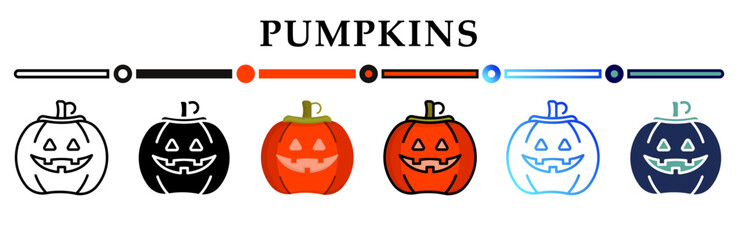 Collection of pumpkins icons in a variety of styles and colors. Representing halloween festive or spooky themes. For use in digital projects, web design, posters, and seasonal marketing materials.