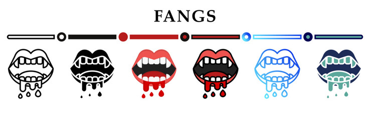 Obraz premium Collection fangs blood icons on various styles. Halloween’s day. Teeth with blood, sucking blood for cover, poster, greeting card, party, brochure or decorate.
