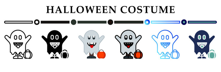 Collection of halloween costume icons in various styles. Kids wear ghost costume with pumpkins candy bag's. Happy halloween. 