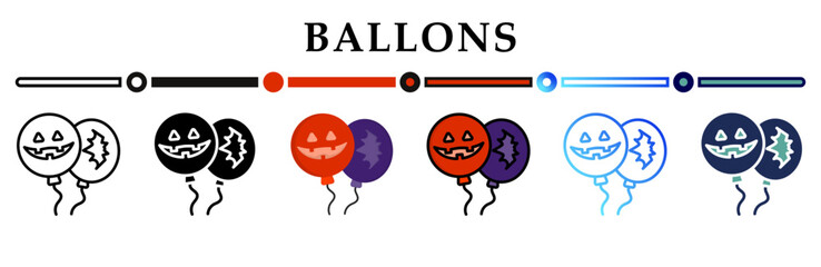 Collection of ballons icons in a variety of styles and colors. Representing halloween festive or spooky themes. For use in digital projects, web design, posters, and seasonal marketing materials