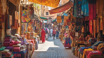 Obraz premium Colorful stalls in ancient marketplace diverse crowds intricate patterns earthy tones